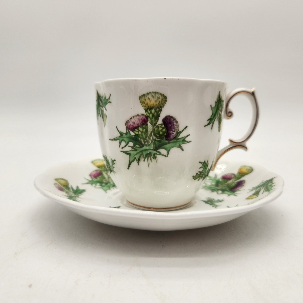 Royal Albert Highland Thistle Bone China Teacup Saucer Gold Trim England Vintage